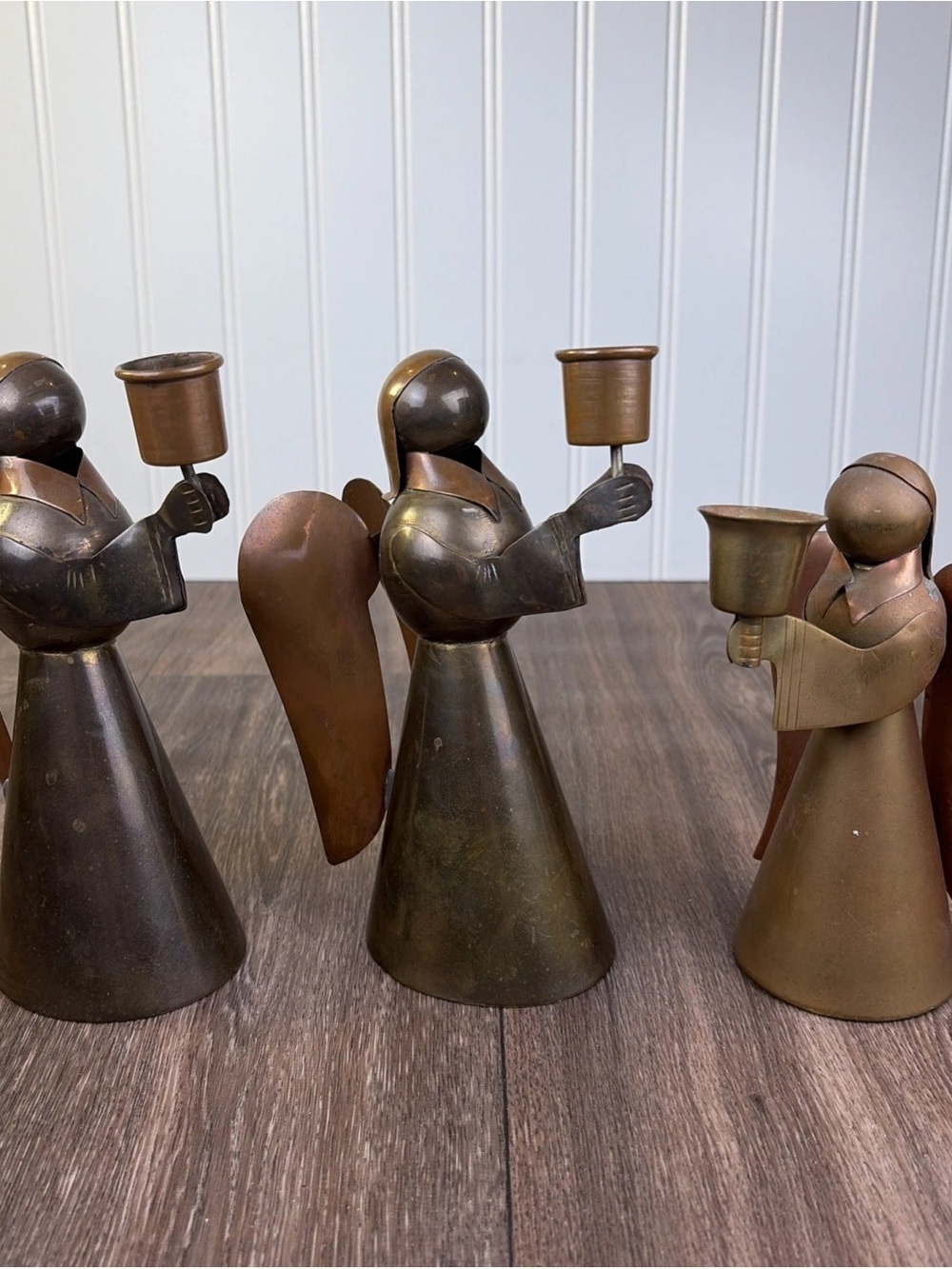 Set of 3 Vintage 6" Copper and Brass Angel Candle Holders Figurines Angels